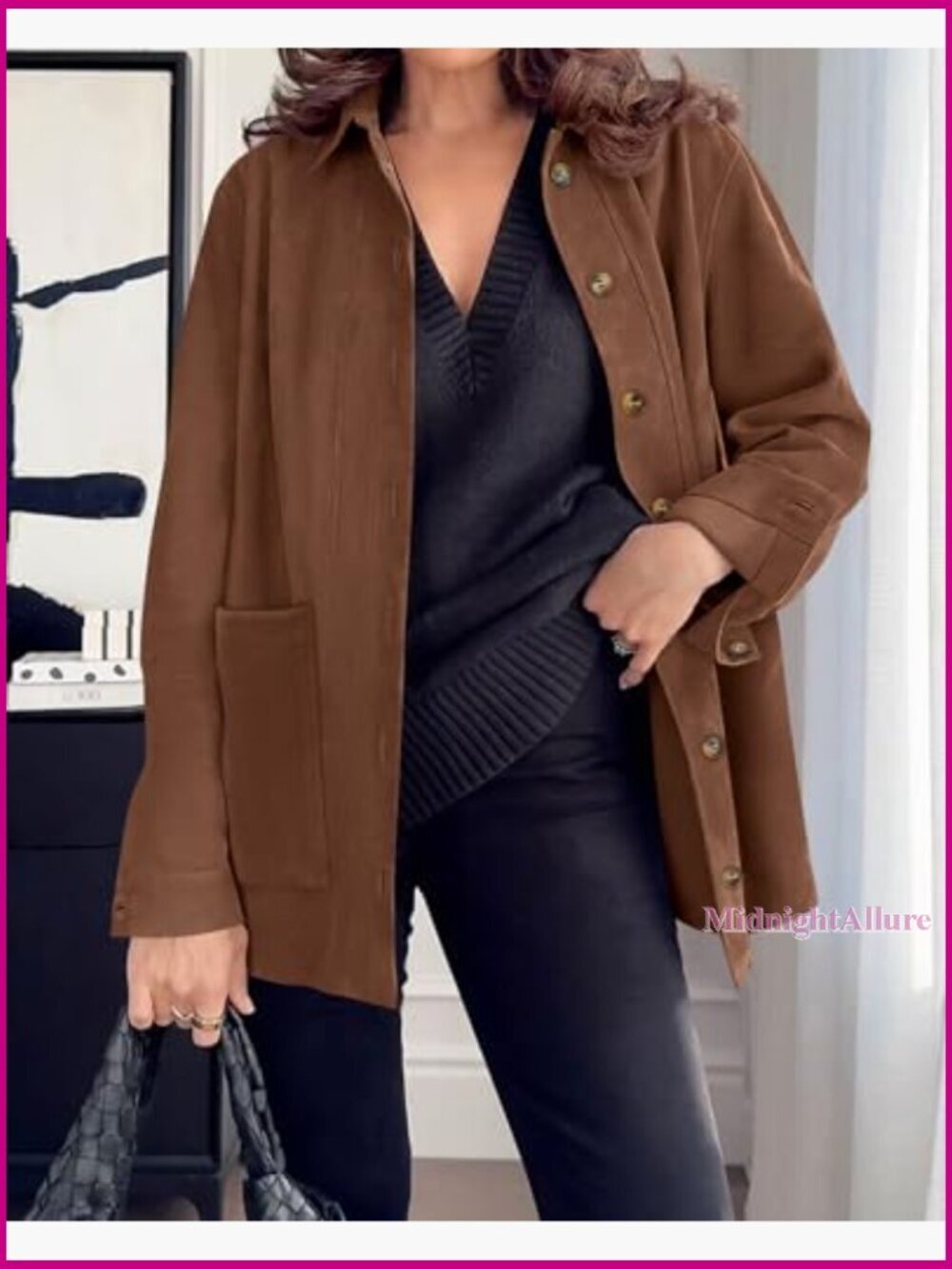Faux Suede Jacket Women Long Sleeve Button Down Relaxed Fit Lightweight - Picture 5 of 7